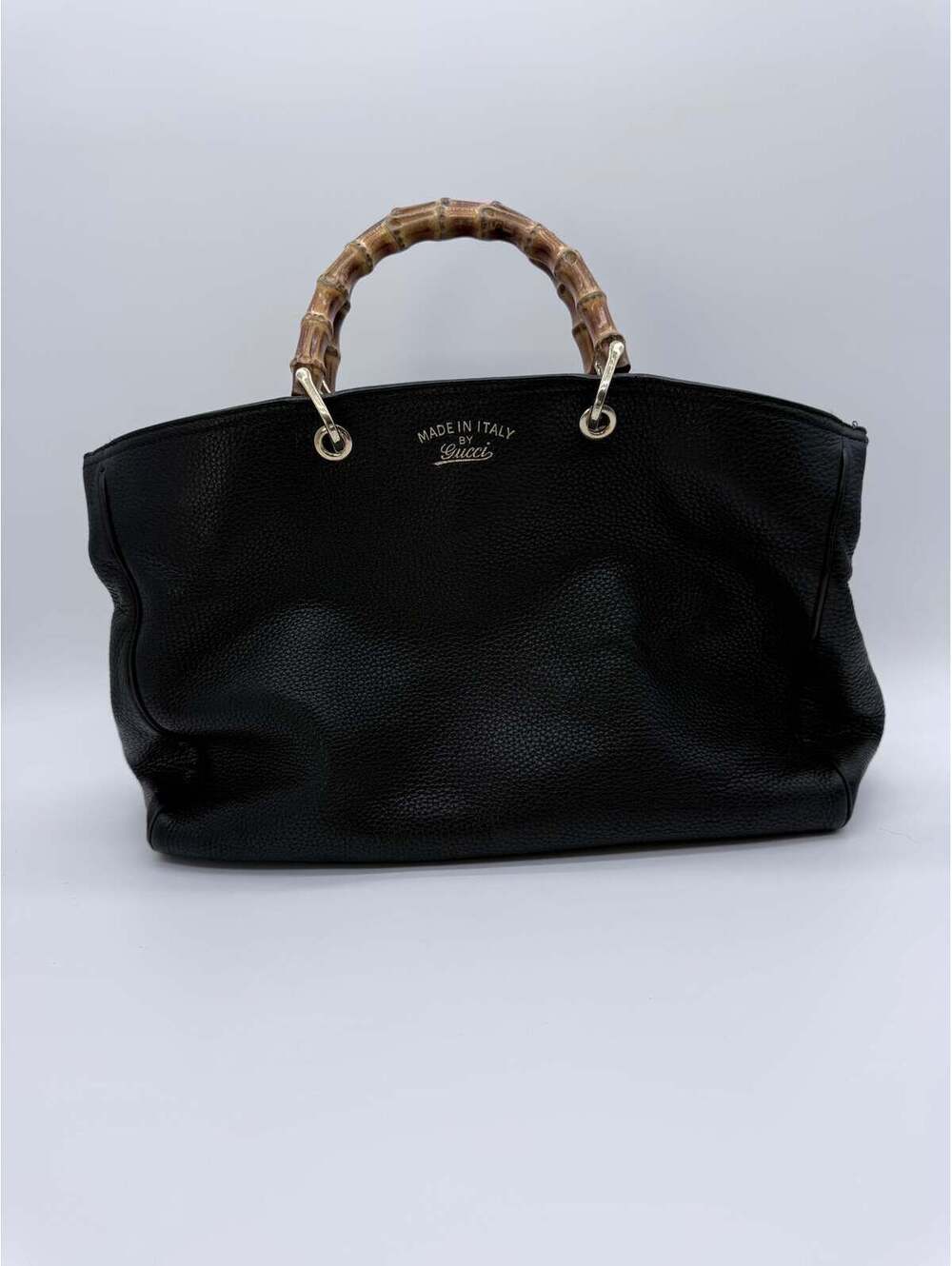GUCCI Black Pebbled Leather Bamboo Top Handle Large Tote Bag